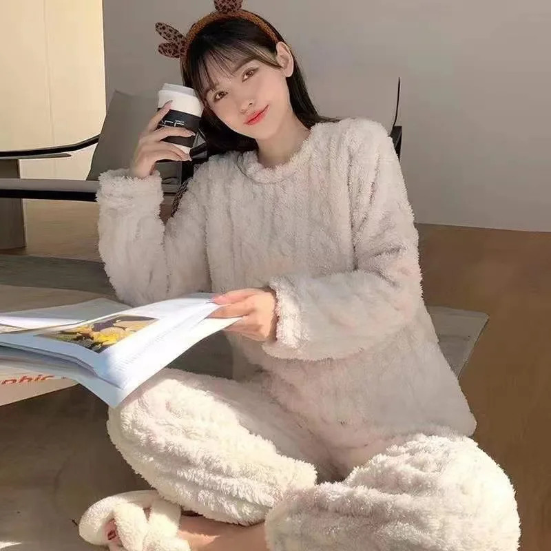 Thickened Warm Autumn and Winter Flannel Pajamas Women Long-Sleeved Solid Striped Homewear Black Plus Size School Loungewear 251112 - view 6