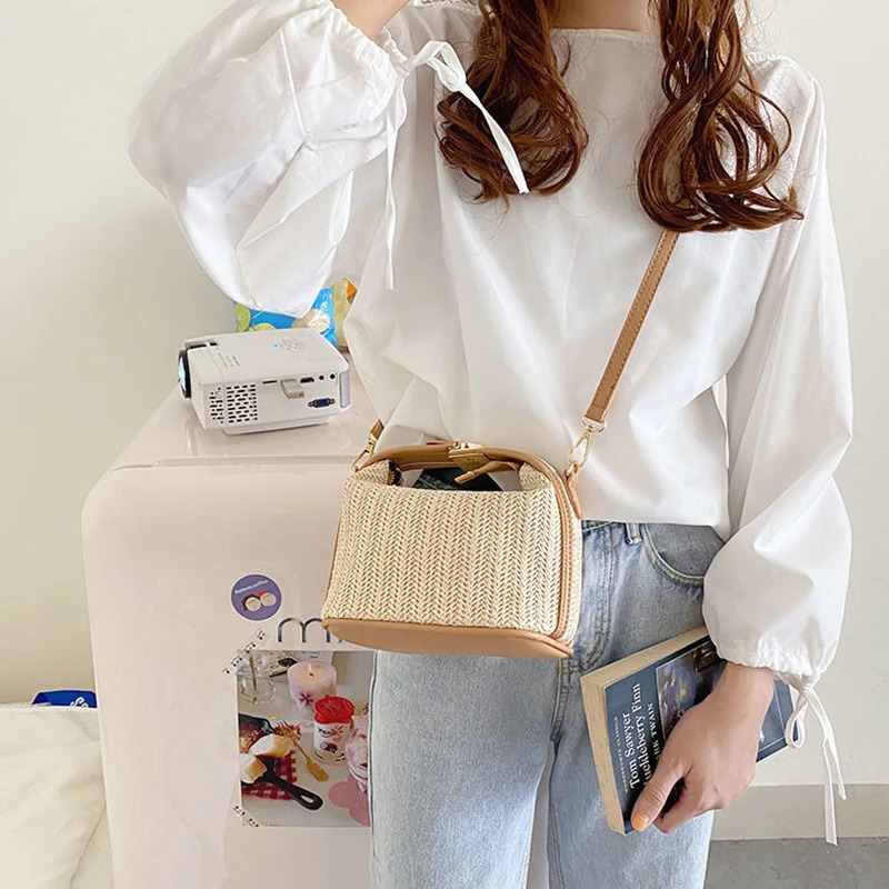 Ydlns Summer Small Straw Handbag Trendy Shoulder Woven Bucket Crossbody Casual Seaside Beach Bag Gilrs Handle Tote