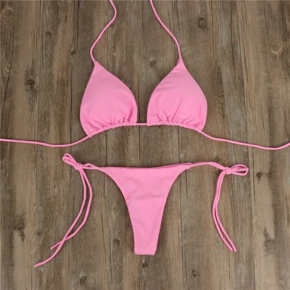 2Pcs Summer Women Bikini Set Side Tie Sexy Swimsuit Bandage Style Brazilian Swimwear Solid Color Swimming Bathing SuitW251113