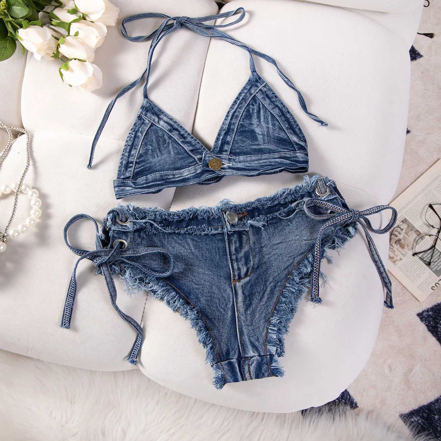 New Sexy Womens Denim Bikini Set Beach Split Swimsuit with Jeans Shorts and Bra for Beach Play and Bar Nightclub PerformanceW251113