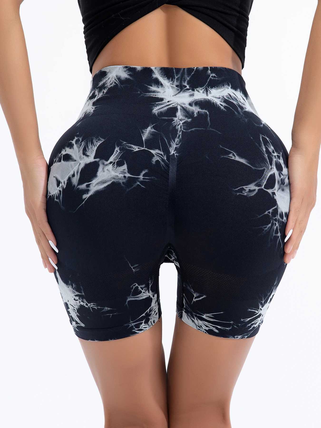 Womens tie dye seamless sports short leg wide elastic band high waist sports short leg Y250412