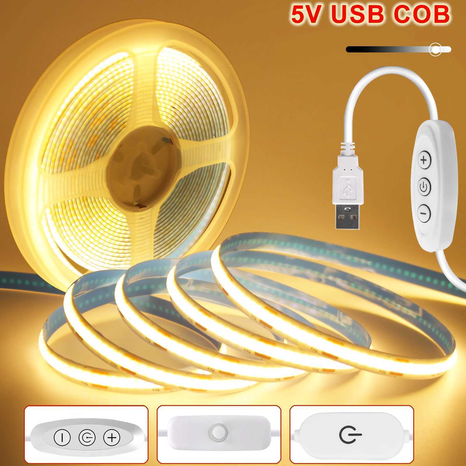 Dimmable COB LED Strip Light 5V USB Flexible LED Tape with ON OFF Switch 320LEDs High Density Linear Lighting with Adhesive Tape W251112
