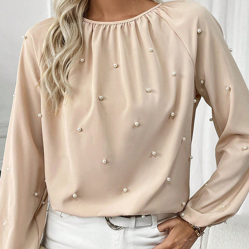 Womens clothing 2025 spring new elegant style shirt long sleeved nail bead shirt pullover top