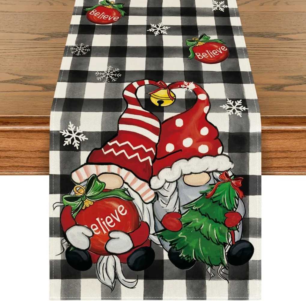 Christmas Artoid Mode Red and Black Buffalo Plaid Gnome Believe Snowflakes Christmas Table Runner Seasonal Winter Holiday Kitchen Dining Y251113