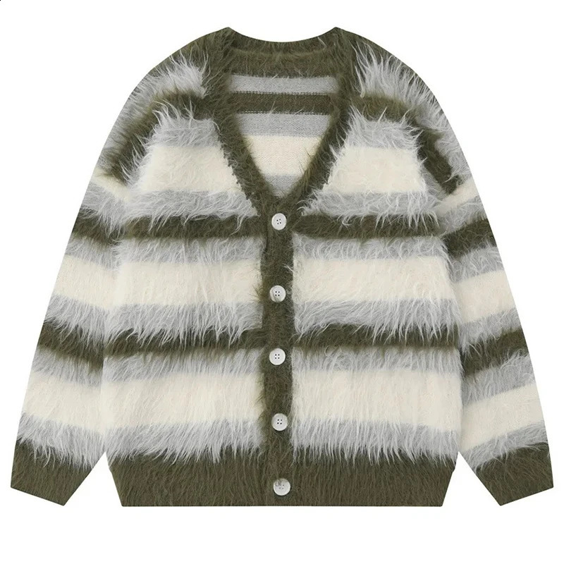 Mohair Cardigan Striped V-Neck Sweater Mens Loose Casual Brushed Trendy Couple Versatile Comfortable Harajuku High Street Knit 250409