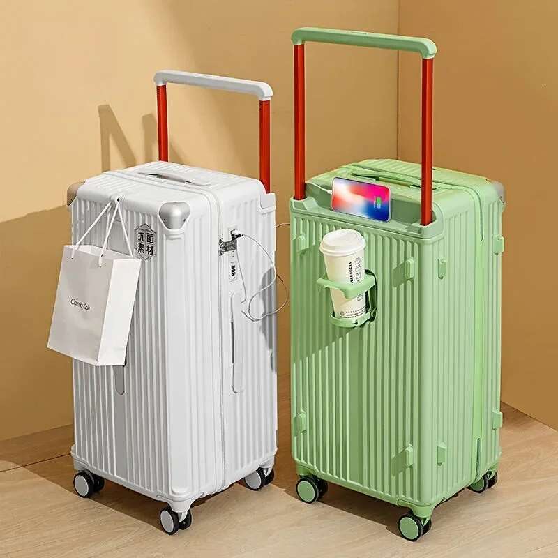Middle Size Trolley Case Wide Handle Large Capacity Lage USB Charging Port Design Cup Holder Travel Suitcase