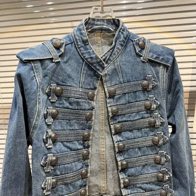 Designer Clothes Retro Military Style Handsome Stand Collar Female Double-Breasted Old Wild Slim Short Denim Jackets Outerwear