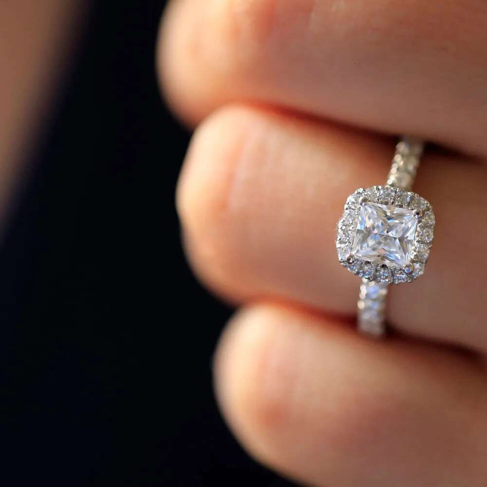 7.0mm 2.0ct Carat Elegant DEF Color Princess Halo Engagement Wedding Moissanite Diamond Ring For Women Real 14k 585 White Gold