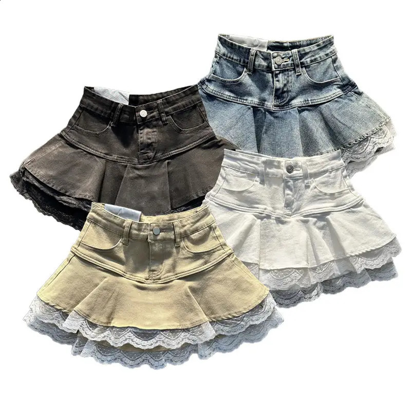 retro stretch denim cake pleated skirt for women summer lace spliced puffy skirt mini skirt 250407