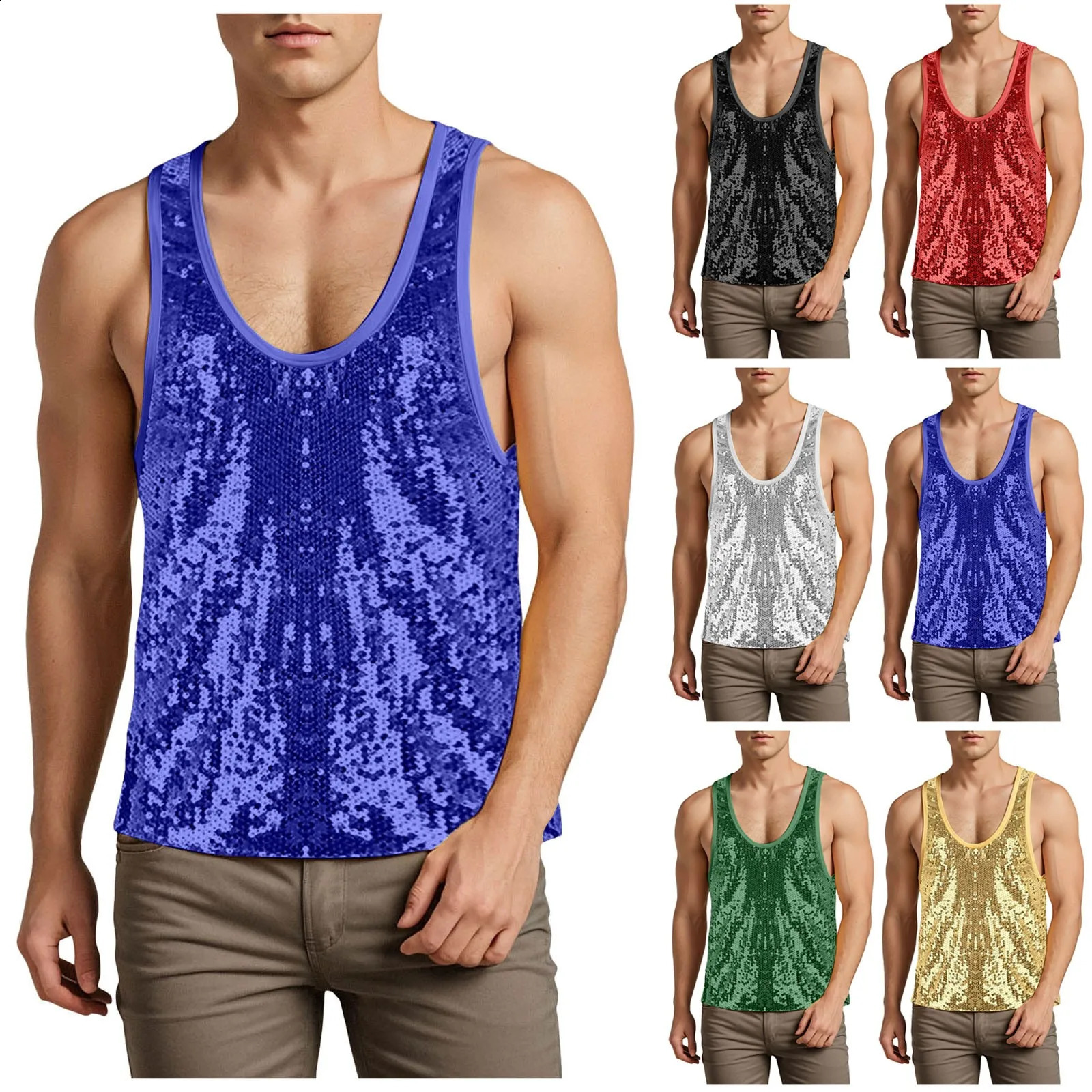 Mens Summer Sequin Vest Beach Vacation Sleeveless U Neck Sequin Splicing Tops Male Temperament Sparkle Fashion Camisole 250407