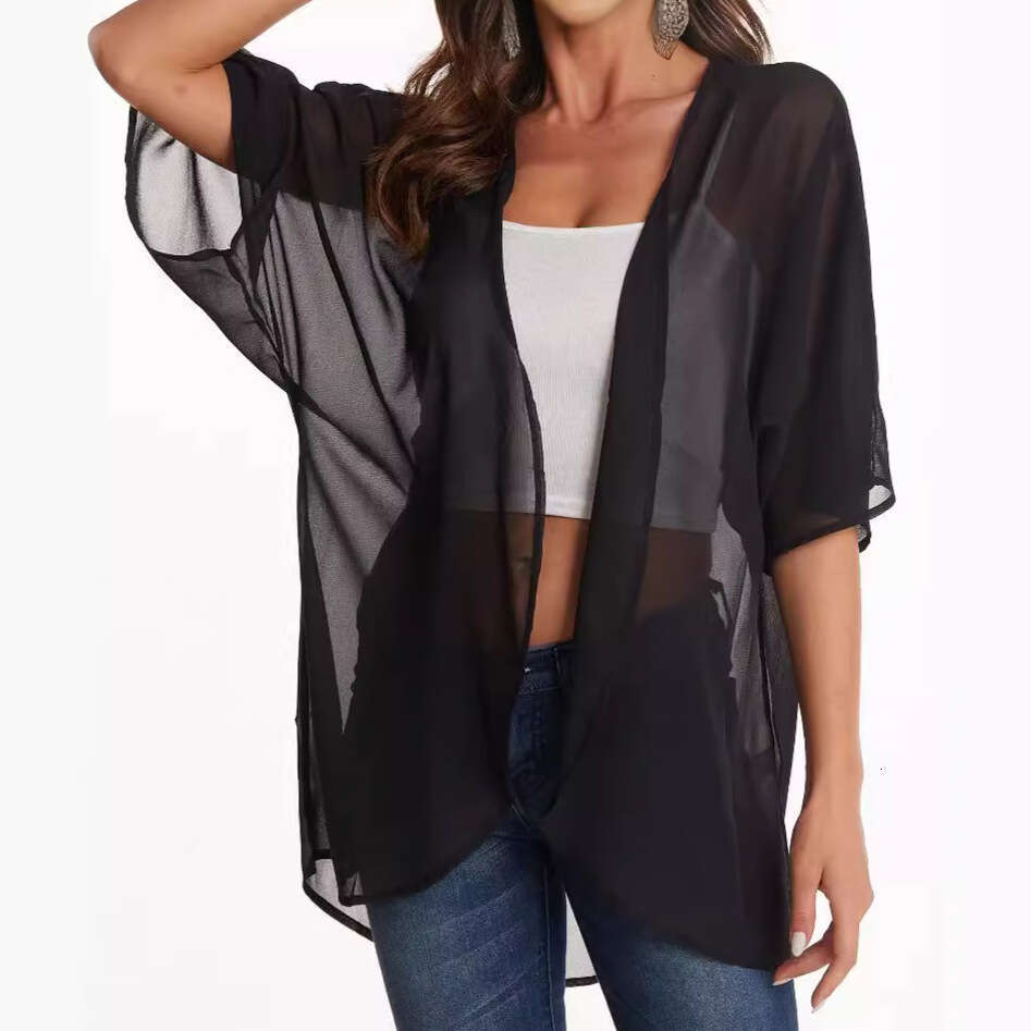 Women's Sunscreen Cover Up Printed Chiffon Top And Kimono Cardigan