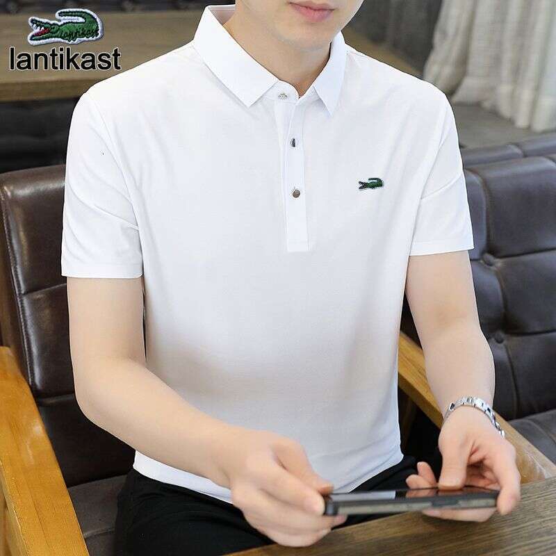 Noble Crocodile 2025 designer handbag New Polo Shirt Men's Short Sleeve High-end LANTI KAST Trendy Ice Silk Loose Turn-down Collar Striped Busine