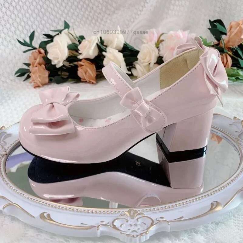 2024Lolita Style Cute Round Head Jane Pumps With Bow Women's Sweet Party Dress Midi Heels Shoes Fashion PU Sandals