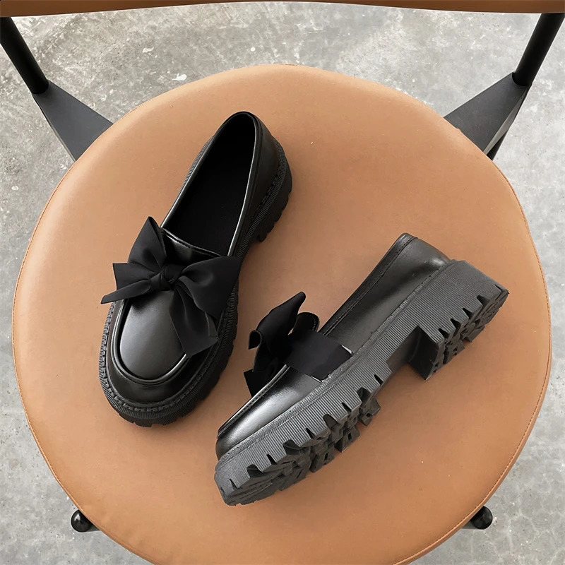 Women Flat Shoes Bow Leather Shoes Ladies Autumn Thick Heel Loafers Woman Fashion Comfortable Work Shoes Zapatos 250410