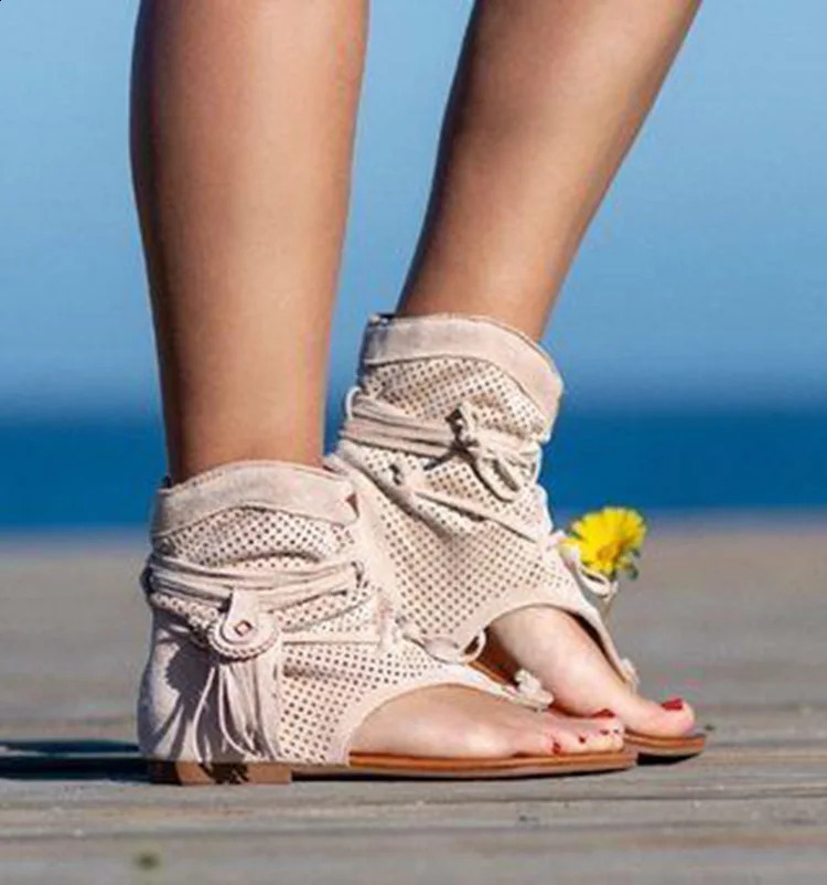 Retro Tassel Sandals For Woman Summer Boho Flat Shoes Ladies Lace Up Beach Shoes Sandalias Mujer Womens Shoes 698 250410
