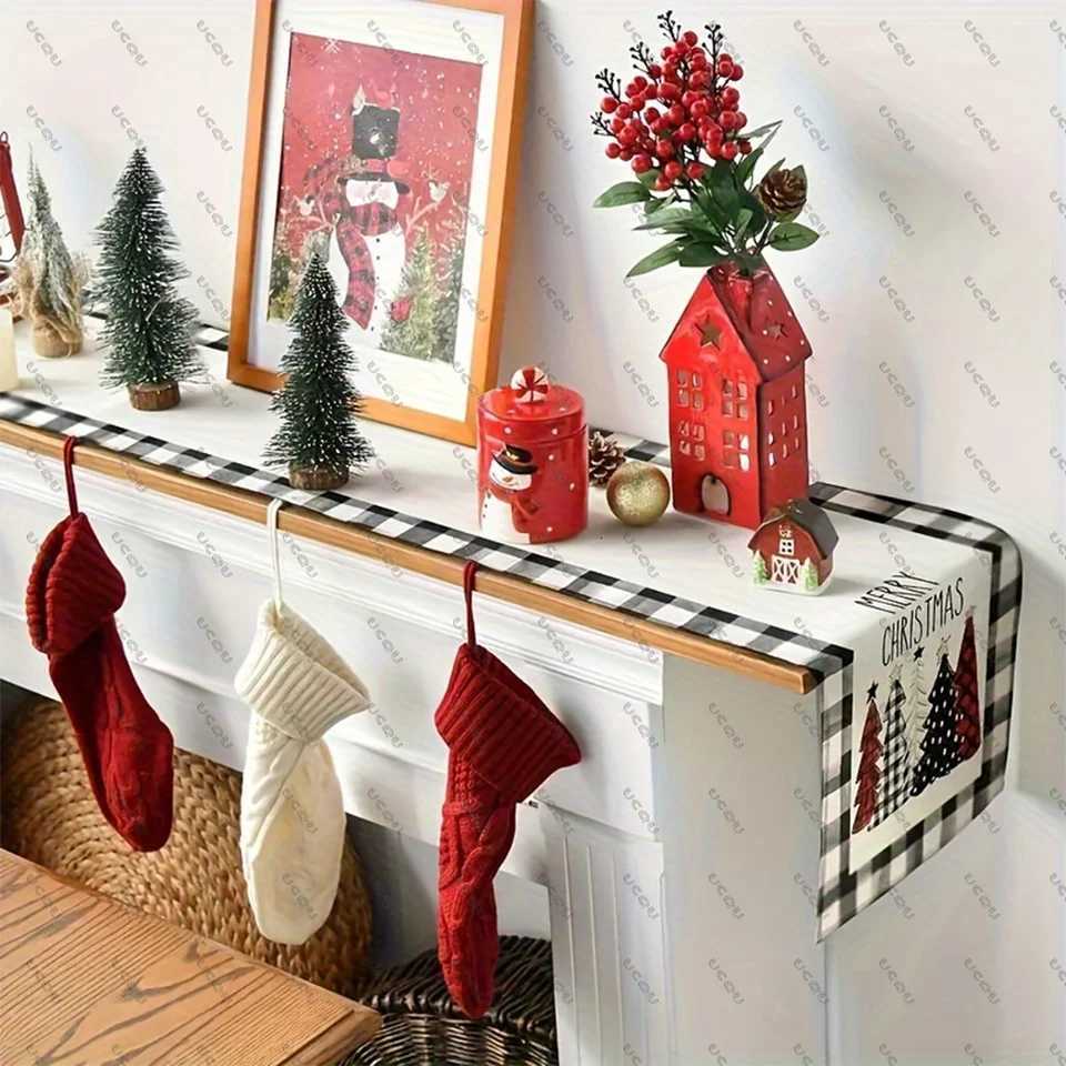 Christmas Waterclor Buffalo Plaid Christmas Trees Merry Xmas Table Runner Holiday Decorative Cloth Flag Family Party Kitchen Gift Flax Xma Y251113