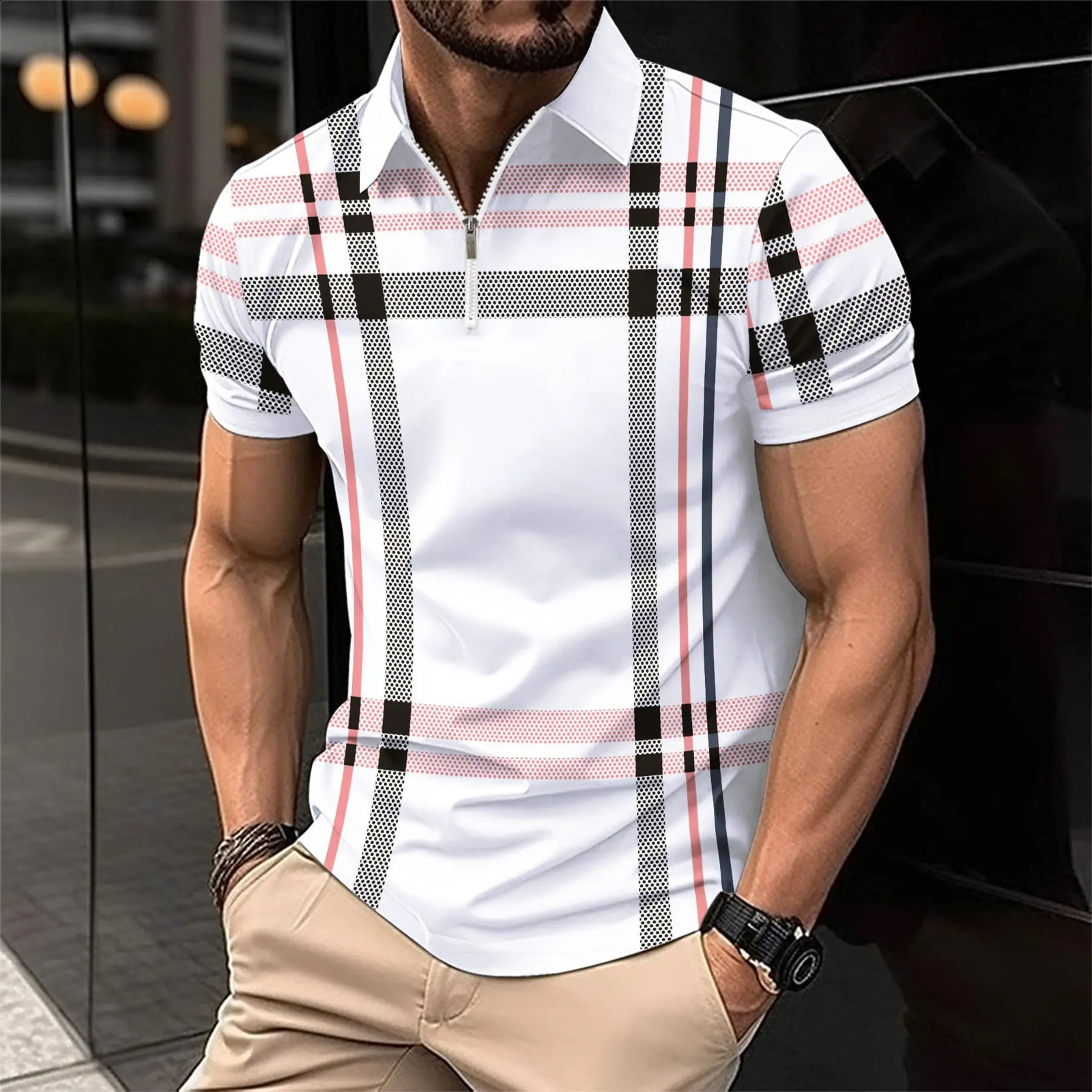 Mens high-quality matching solid color shirt with a collar and breathable zipper polo shirt 250409