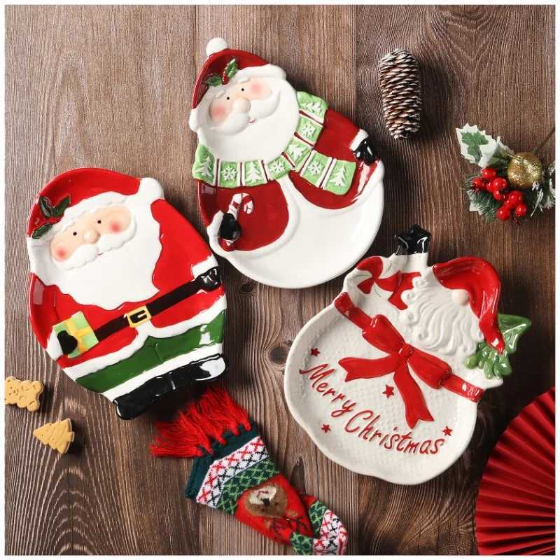 Christmas Santa Claus Pine Ceramic Plate 3 Dimensional Hand Painted Christmas Tree Breakfast Plate Dessert Plate Bowl Christmas Tableware Y251113