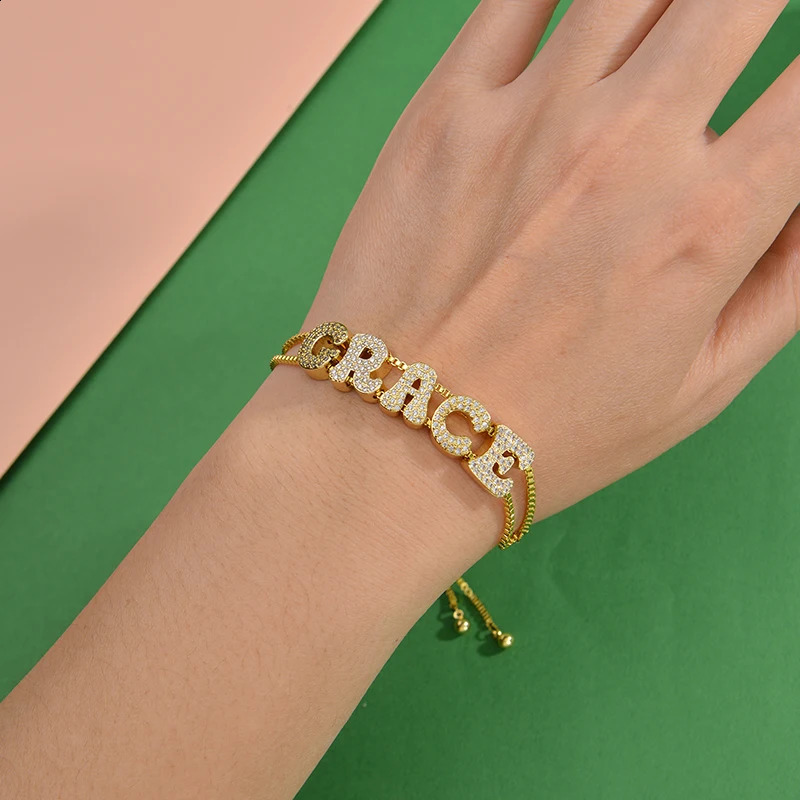 Sparkling Zircon Customized Name Bracelet 3D Bubble Letter Personalized Name Bracelet DIY 26 Initial Letter Bracelet Jewelry Gift 250408