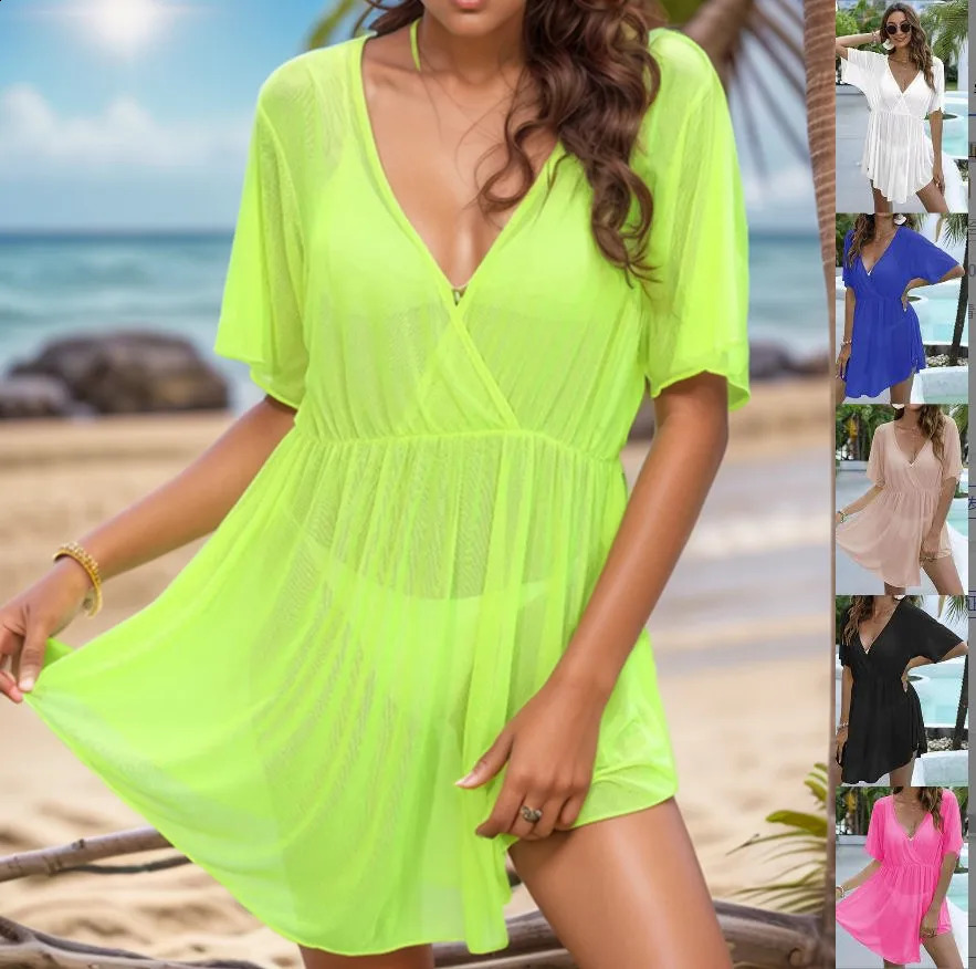 2025 Trend Sarong Beachwear Women Summer Bath Exit Dress Beach Cover Up V Neck Short Sleeve Bikini Coverup Green praiaa feminino 250409