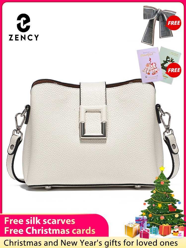 Zency Genuine Leather White Designer Noble Shopper Shoulder Bag Commuter Large Bucket Handbag Women Tote Bucket Cross Body BagW251112