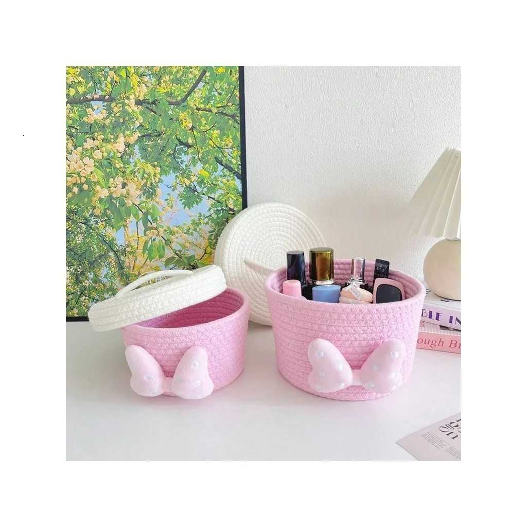 Cotton Rope Handmade Woven Storage Basket With Lid Simple Miscellaneous Organization Tool Living Ro Item Organization Basket Y251112