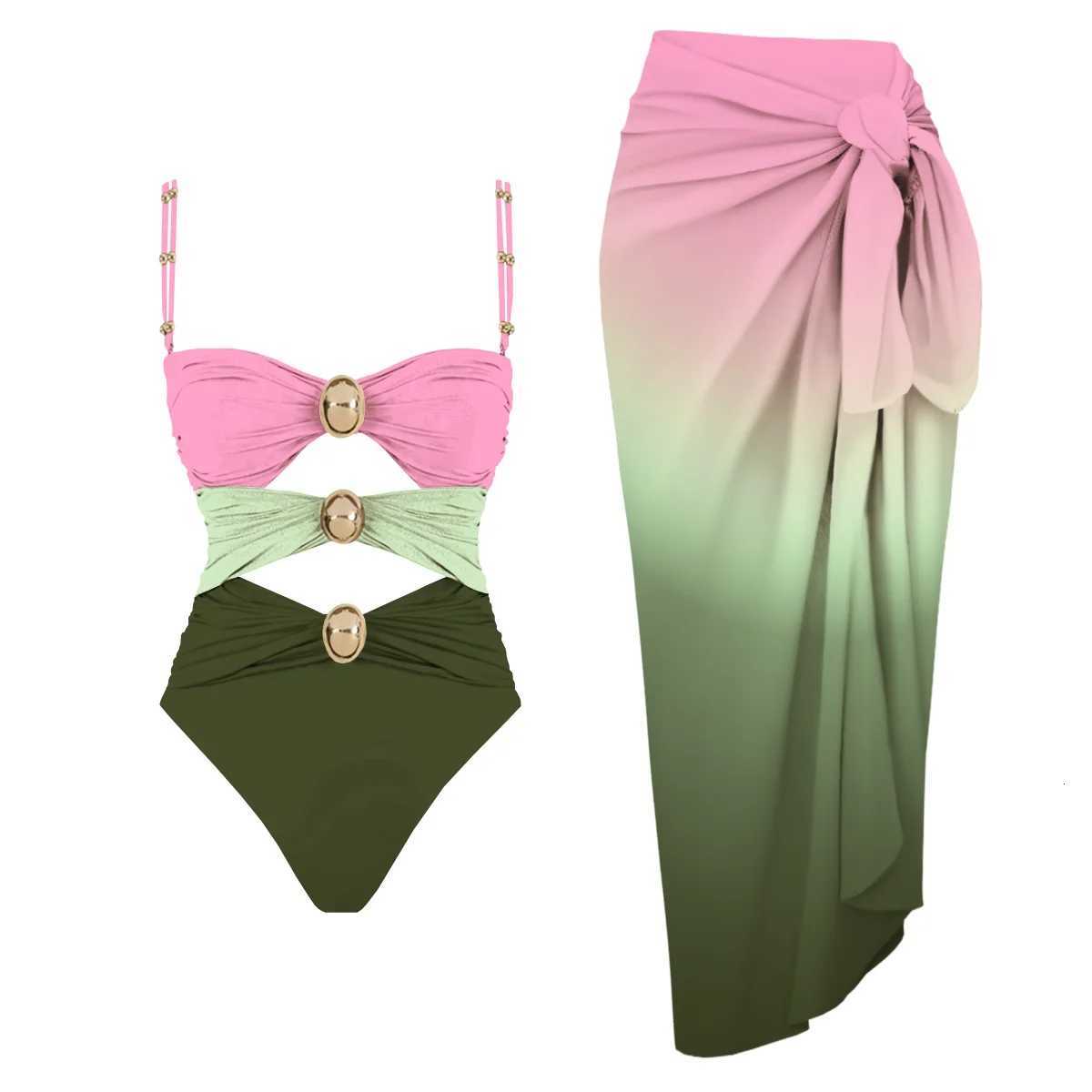 Hollowen One Piece Swimsuit With Cover Up Sexy Swimwear Women Off Shoulder Swim Suits Patchwork Bathsuit Belt Bodysuit BeachwearW251113