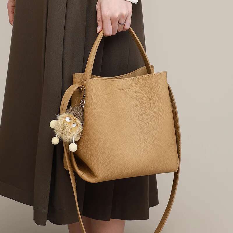 2025 New Fashion Coffee Bucket Tote Small Cowhide Leather Women Shoulder High Quality Summer Female Hand Bag With Charm