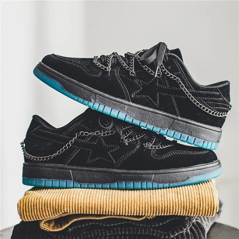 Mens casual sports shoes punk metal chain star skateboarding flat running tennis shoes basketball walking sports shoes 250410