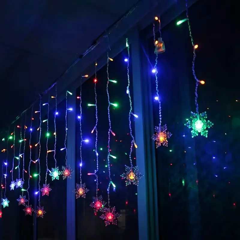Snowflake Garland Christmas Lights Outdoor 2025 Led Icicle Curtain Garlands 9M 162LEDs Solar Power Waterproof IP44 New Year Xmas M251113