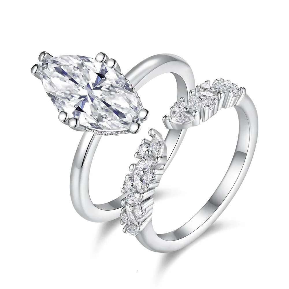 Full Moissanite Stackable Engagement Rings with Certificate Marquise Cut Diamond 925 Sterling Silver Bridal Rings Sets for Women