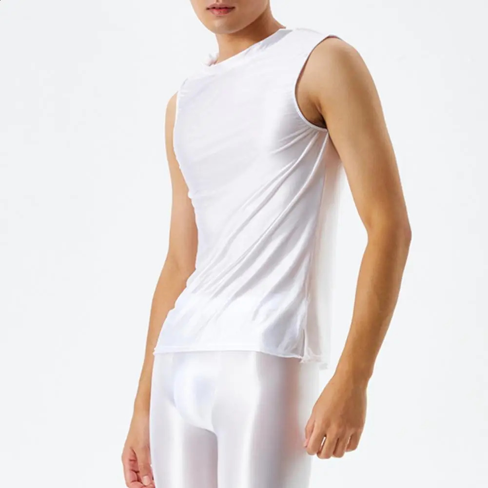 Mens Oil Shiny Glossy Tank Tops Sleeveless Slim Fit Vest Tshirts Fitness Gym Sport Satin Shirts Rave Party Clubwear Swimwear 250407