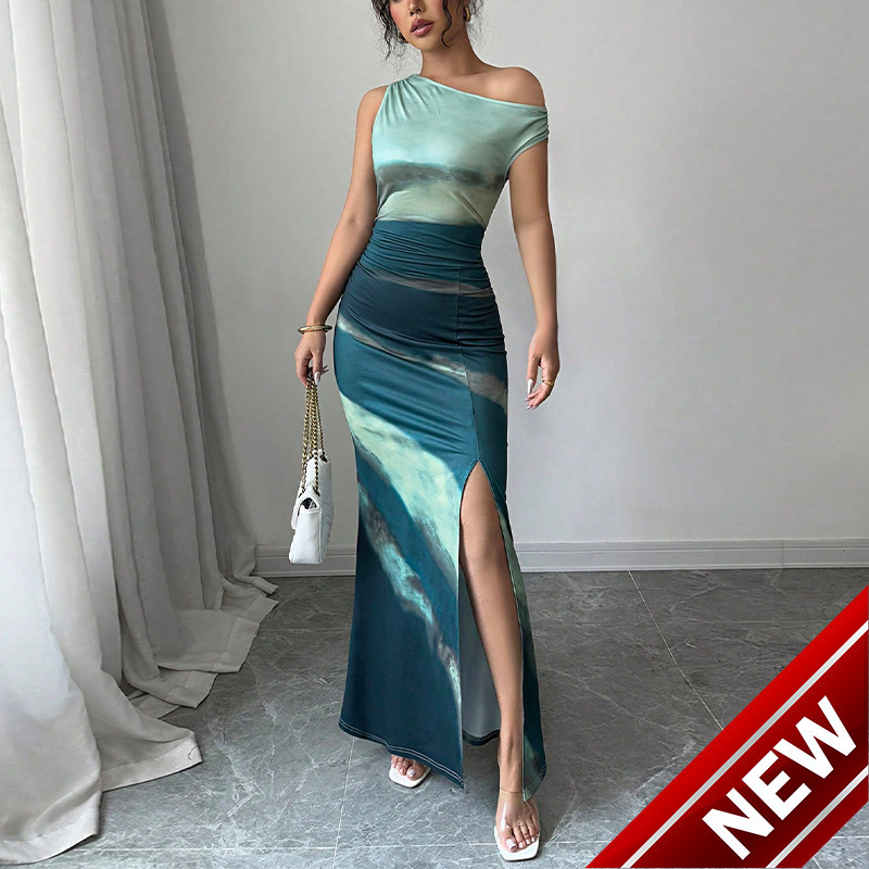 Womens clothing 2025 summer new color blocking slim fit dress with slanted shoulders long skirt