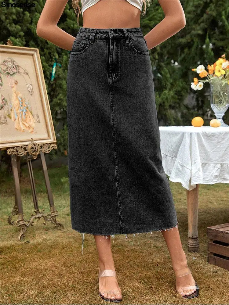 Womens Retro Button-Fly Packaged Hip A-Line Maxi Long Denim Skirt Ins Streetwear Night Club High Waisted Skirts Blue Jean Skirt 250407