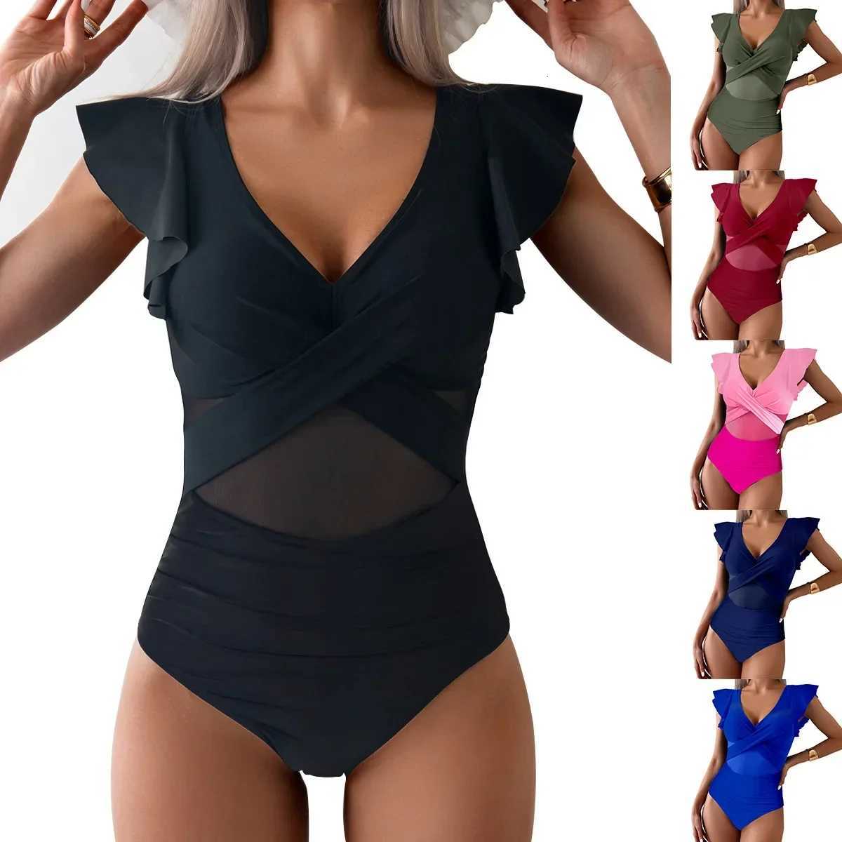 Womens Swimsuit 2024 Trend Tummy Control V Neck Sexy Bikini Ruched Bathing Suits Slim Fit Ruffle Sleeve SwimwearW251113