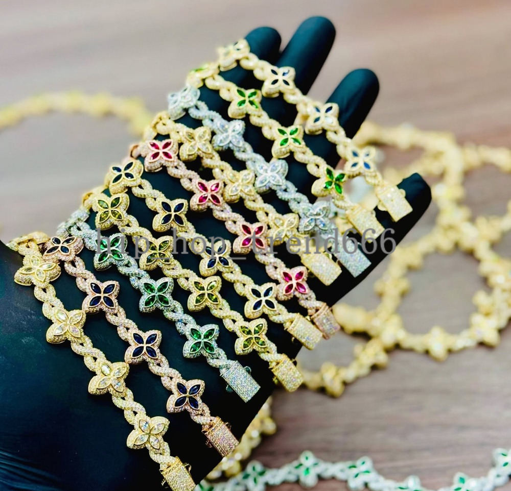 Hot Selling 15MM 925 Sterling Silver Cuban Clover Bracelets Iced Out Hip Hop Infinity Colored Moissanite Cuban Bracelet