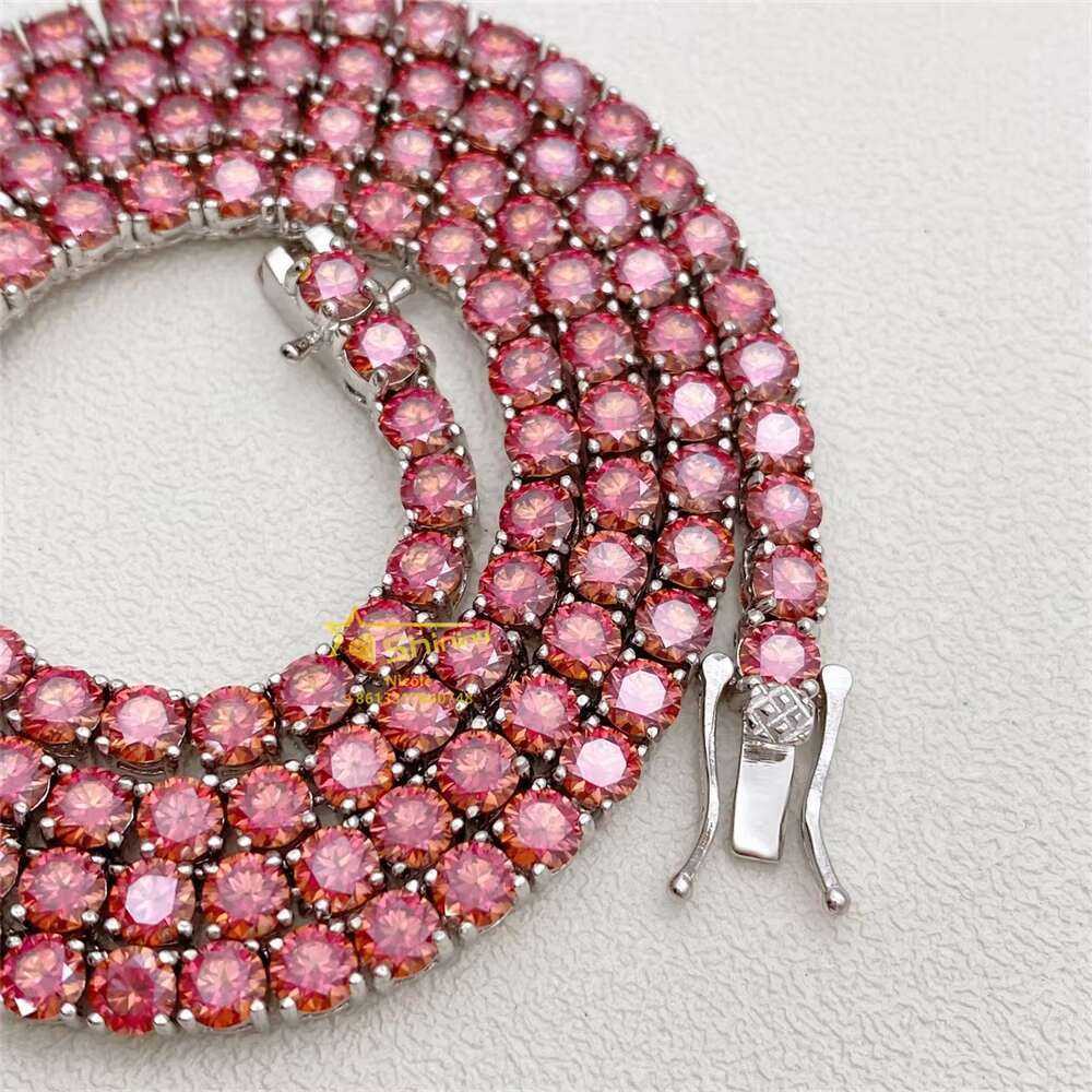 Hip Hop Fashion Factory Directly 925 Sterling Silver 3mm 4mm Tennis Necklace Bracelet Colorful Red Moissanite Tennis Chain