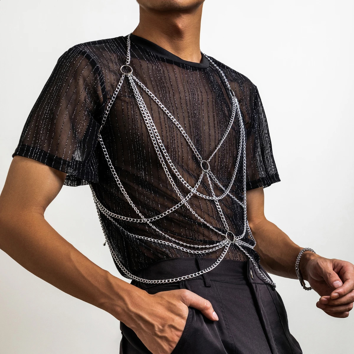 KunJoe Punk Multi layer Round Aluminum Cross Chain Hanger Box Chain Mens Gay Strap Sexy Party Clothing Body Jewelry 250408