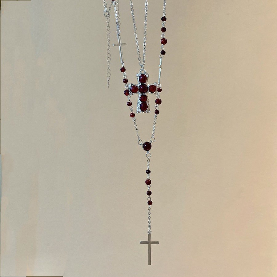 Vintage Crystal Beaded Cross Pendant Two-Piece Set Palace Style Necklace Light Luxury High-End Sweater Chain for Women - view 7