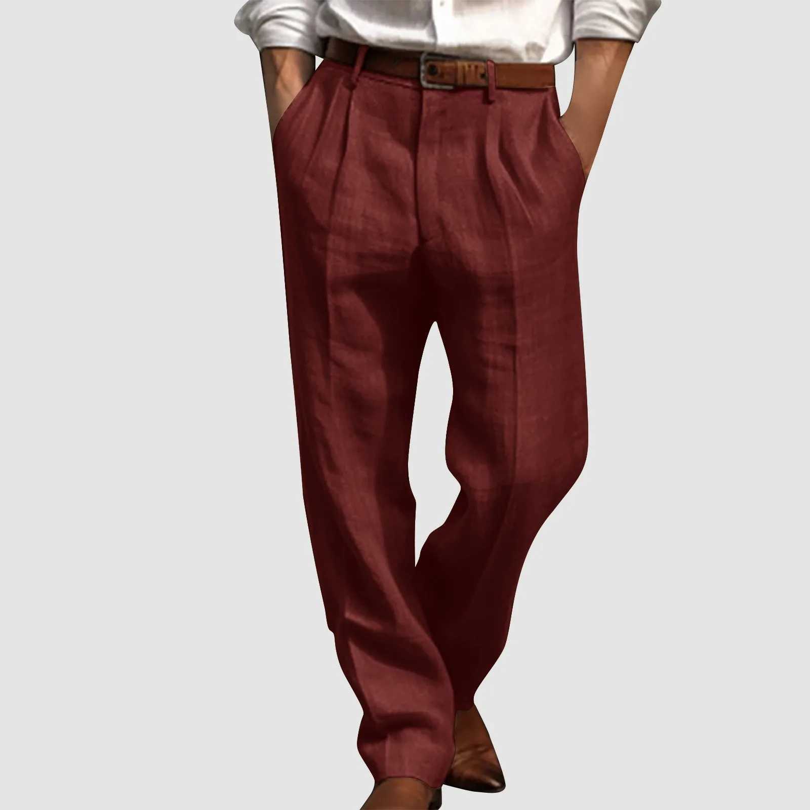 Mens cotton linen pants pleated front straight leg set mens solid color lightweight retro set mens workwearXJ250412