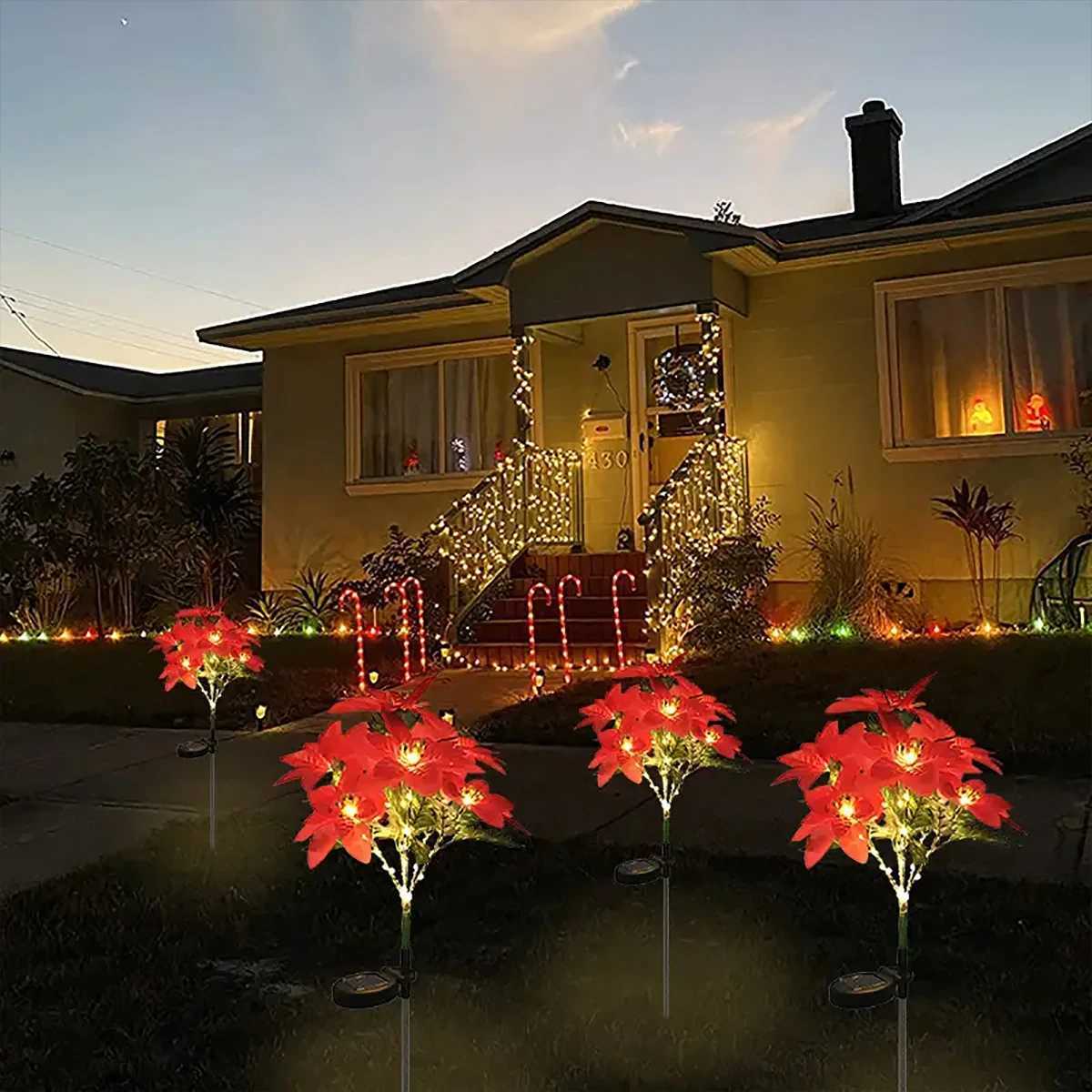 LED solar Christmas flower poinsettia artificial flower light suitable for decorating Christmas gardens lawns and courtyards M251113