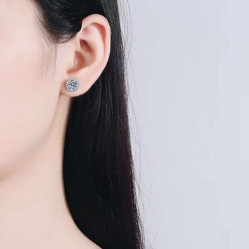 Fine Jewelry 1Ct Round Cut Diamond White Gold Plated Women Geometry S925 Sterling Silver VVs1 Moissanite Stud Earrings