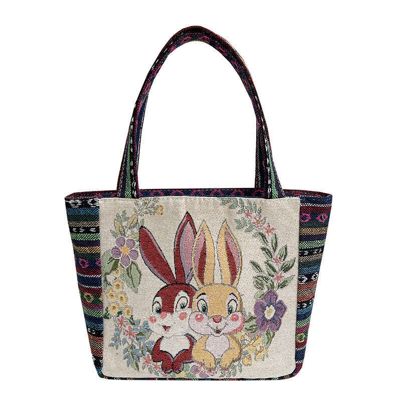 Cartoon embroidery canvas women's ethnic style casual mommy handbag, office worker small shoulder bag