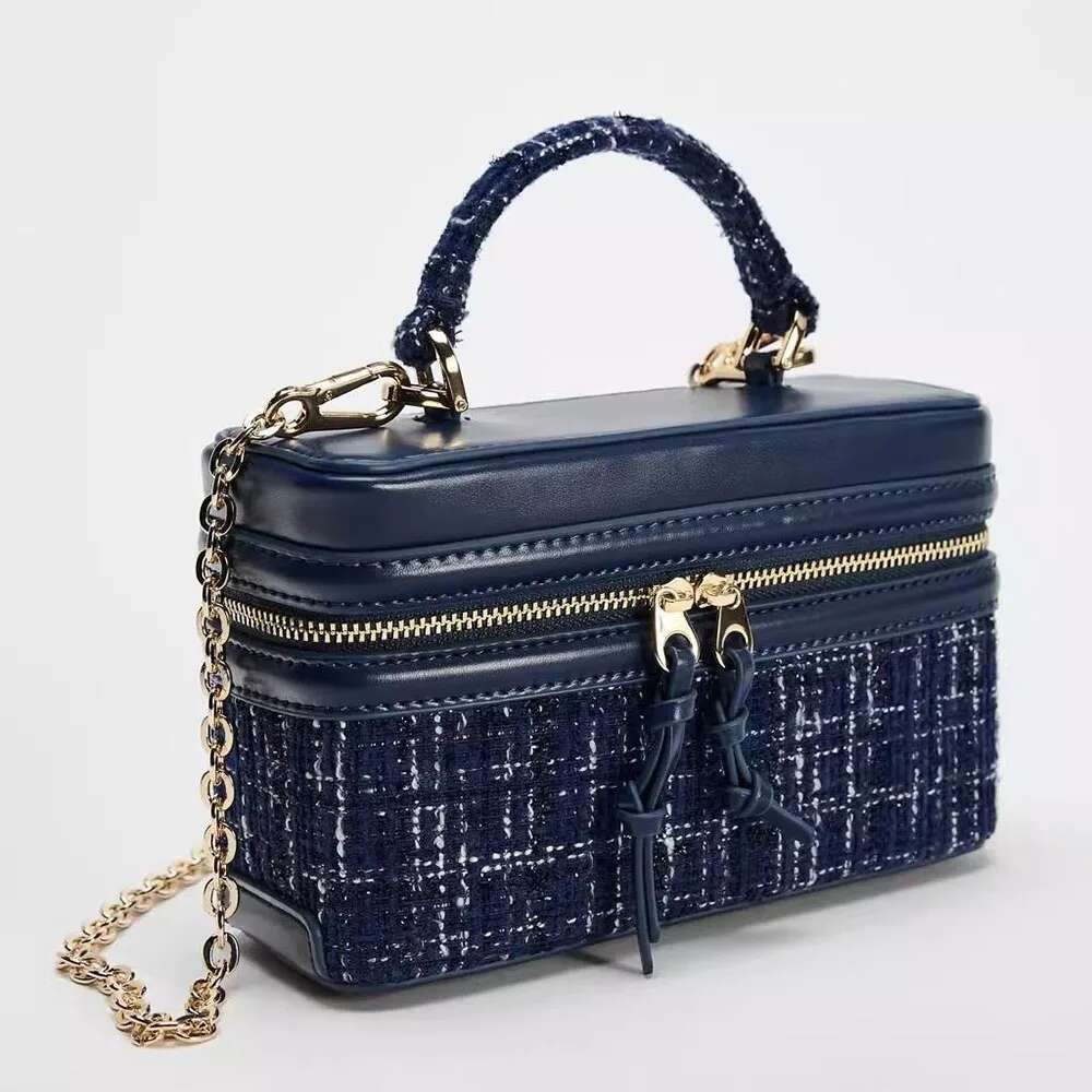 Tweed Textured Blue Mini Handbags For Women Patch Pu Leather Satchels Box Zipper Packs Female All-match Commute Crossbody Bags