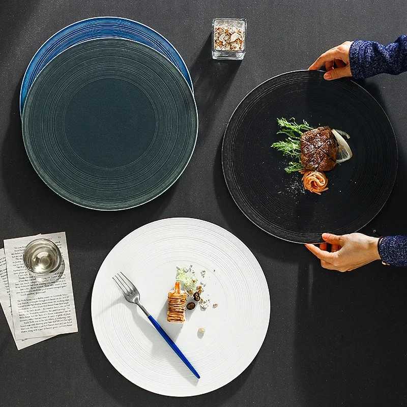 12 inch large round dish Large flat pizza plate sushi platos Ceramic tableware Flat plate Western food Steak plates set H251113
