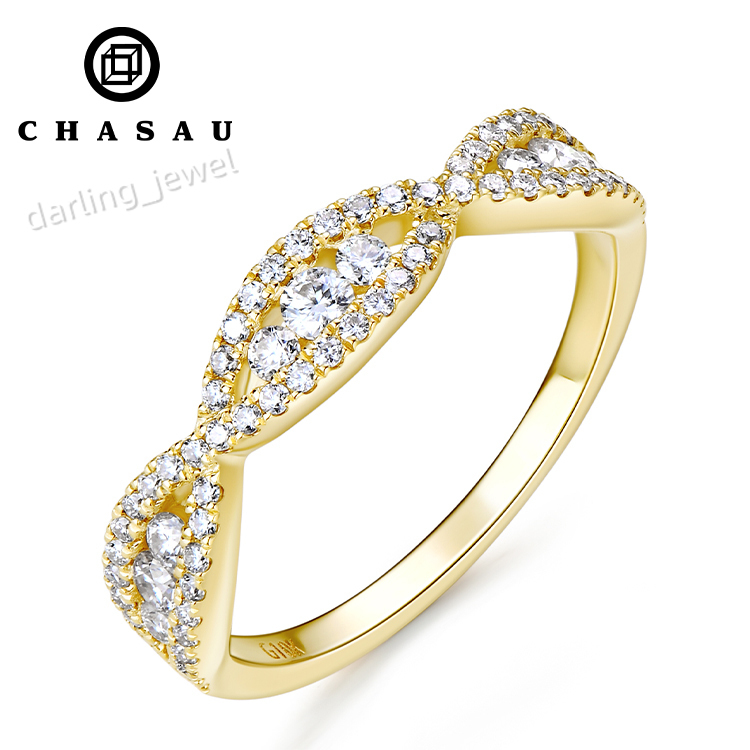Hot Sale Fashion Women Jewelry Moissanite Stones 10K Solid Real Gold Twist Ring for Wedding Engagement Gift