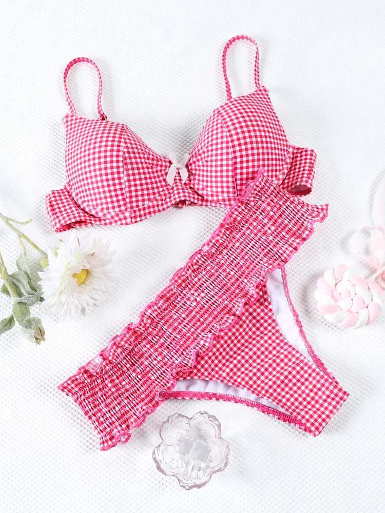 Bowknot Ruffle Bikinis Thongs Plaid Womens Swimsuit 2025 Red Lattice Swimwear Bathing Suits Biquini Summer Beachwear SwimsuitW251113