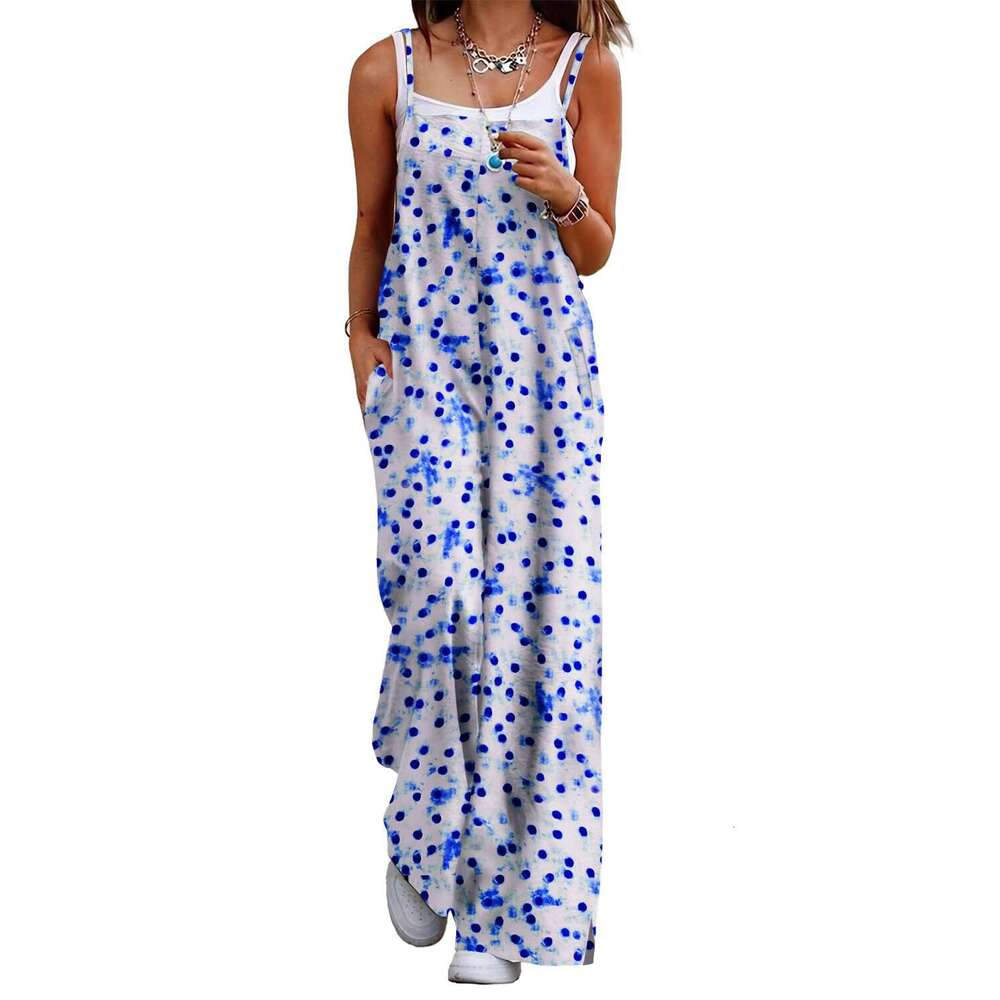 2024 new suspender printed pocket loose and versatile casual women's jumpsuit