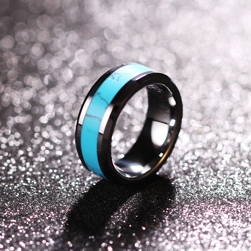European and American Cross-Border Hot Sale 8MM Stainless Steel Natural Turquoise Fashion Versatile Personality Ring Manufacturer Wholesale
