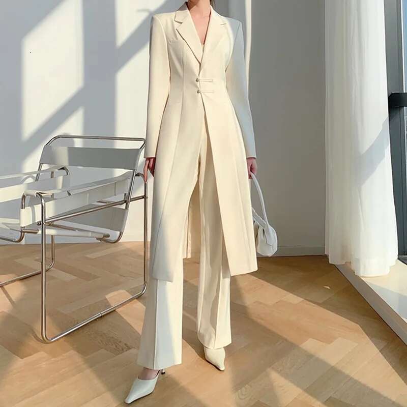 Spring Arrival Korean Design Sleeved Suits For Women New Chinese Plate Buckle Long Pants Blazer Sets Y3944